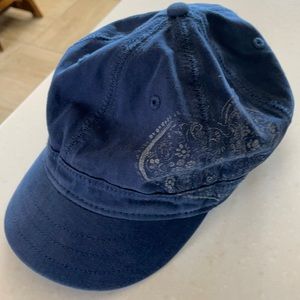 Life is Good hat, denim blue cotton, heart and “life is good” designs